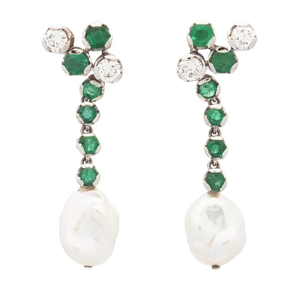 Pendientes de oro blanco, esmeraldas, diamantes y perlas