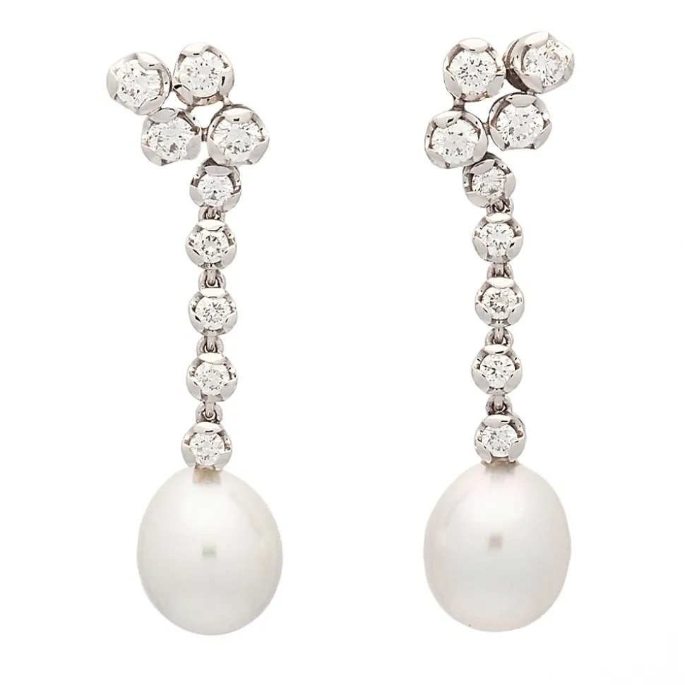 Pendientes de oro blanco, diamantes y perlas