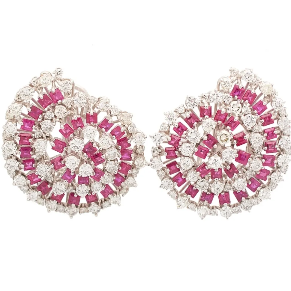 Pendientes en espiral con diamantes y rubíes