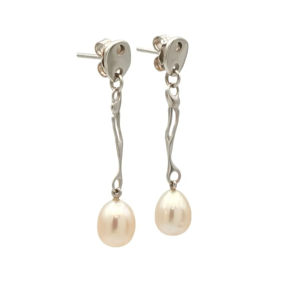Pendientes largos de oro blanco con perlas cultivadas - 0918