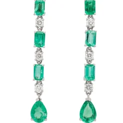 Pendientes largos de oro blanco con esmeraldas y diamantes