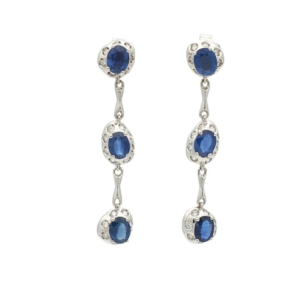 Pendientes largos de oro blanco, zafiros y diamantes - 1015