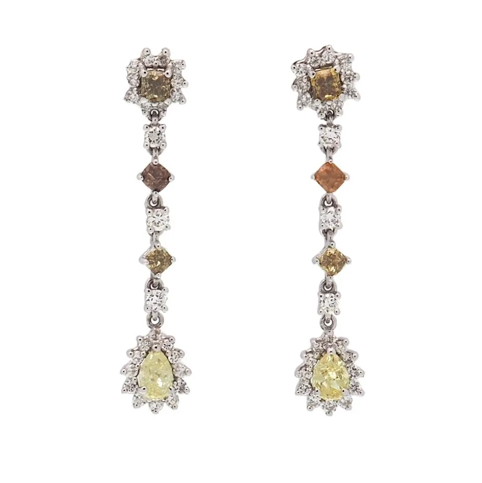 Pendientes largos de oro blanco con diamantes bicolor