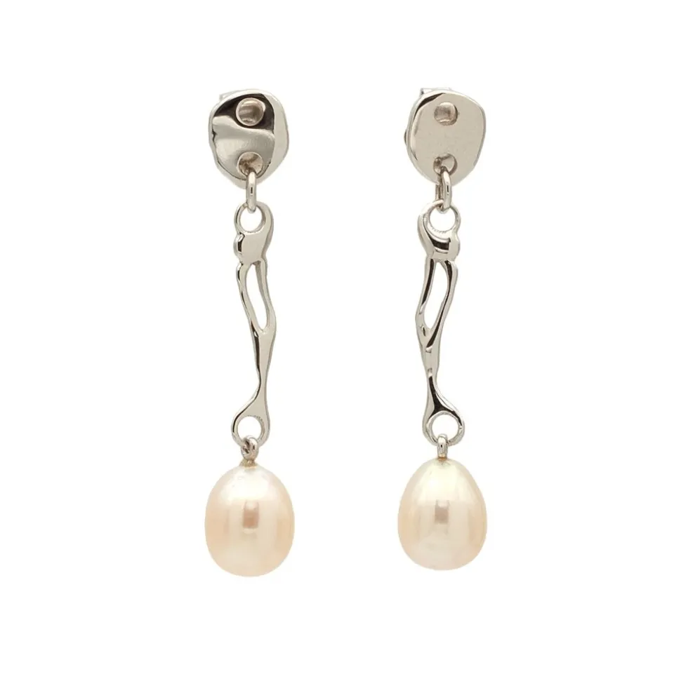 Pendientes largos de oro blanco con perlas cultivadas - 0918
