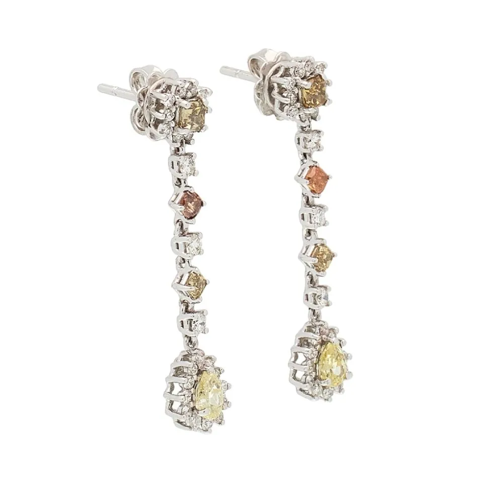 Pendientes largos de oro blanco con diamantes bicolor