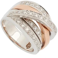 Sortija ancha y cruzada de diamantes en oro bicolor