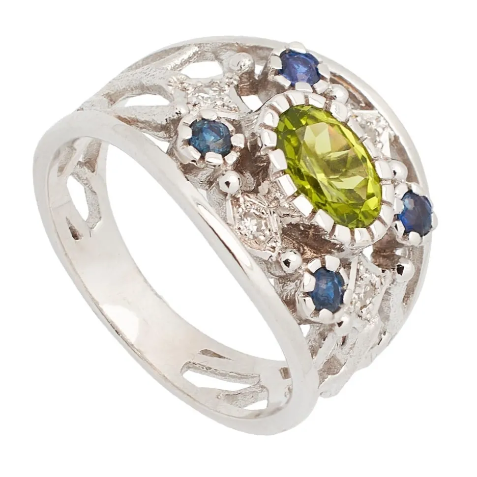 Sortija con Peridoto central, Zafiros y Diamantes - 0739